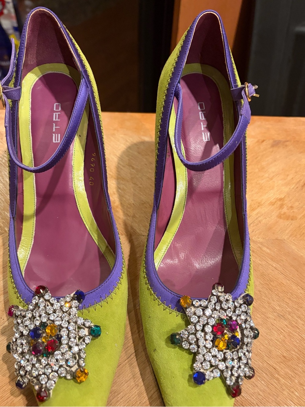 Etro Lime Green and Purple Suede Pointed Mary Jane Pumps with Jeweled Brooch - Picture 13 of 16